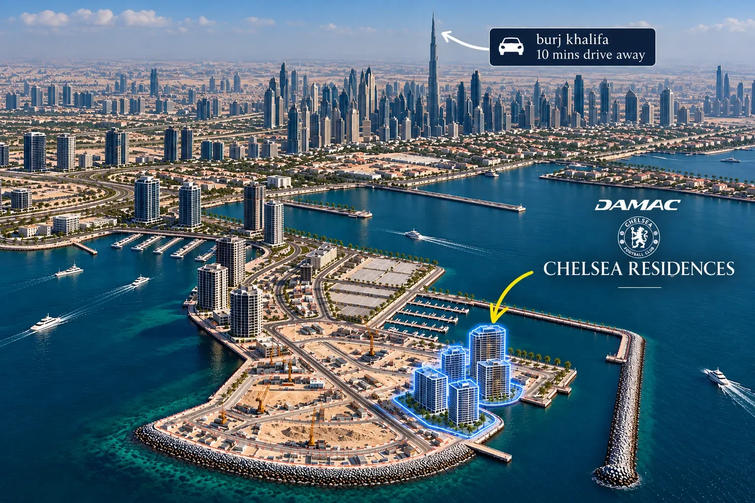 Aerial view of Dubai Maritime City with Chelsea Residences and the Downtown skyline