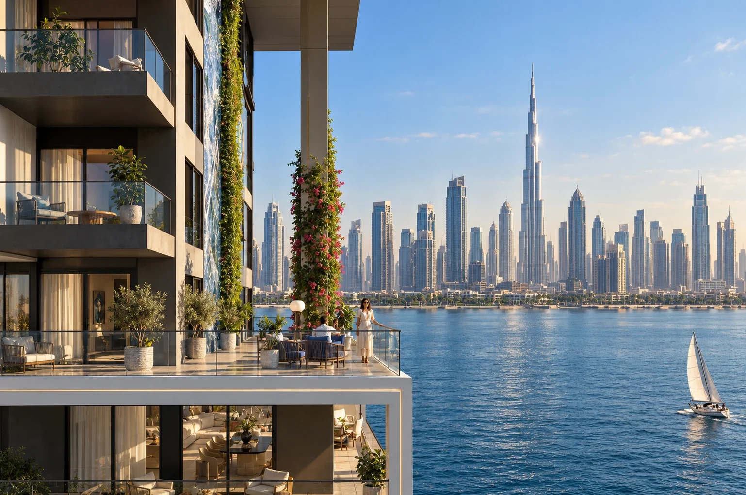 Balcony view across the sea to Downtown Dubai and Burj Khalifa